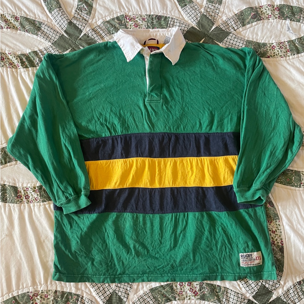 VTG Bugle Boy Rugby Shirt Green Yellow Navy Stripes Youth Size XL